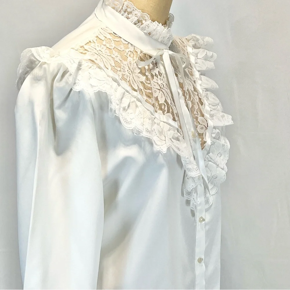 VINTAGE lace ruffle fancy blouse button down Victorian high neck ribbon bow 80s - Picture 4 of 14
